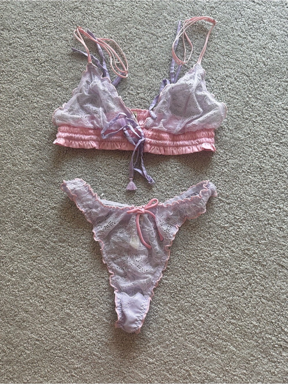 Free people Pink and Lavender Lace Bralette & Thong Set